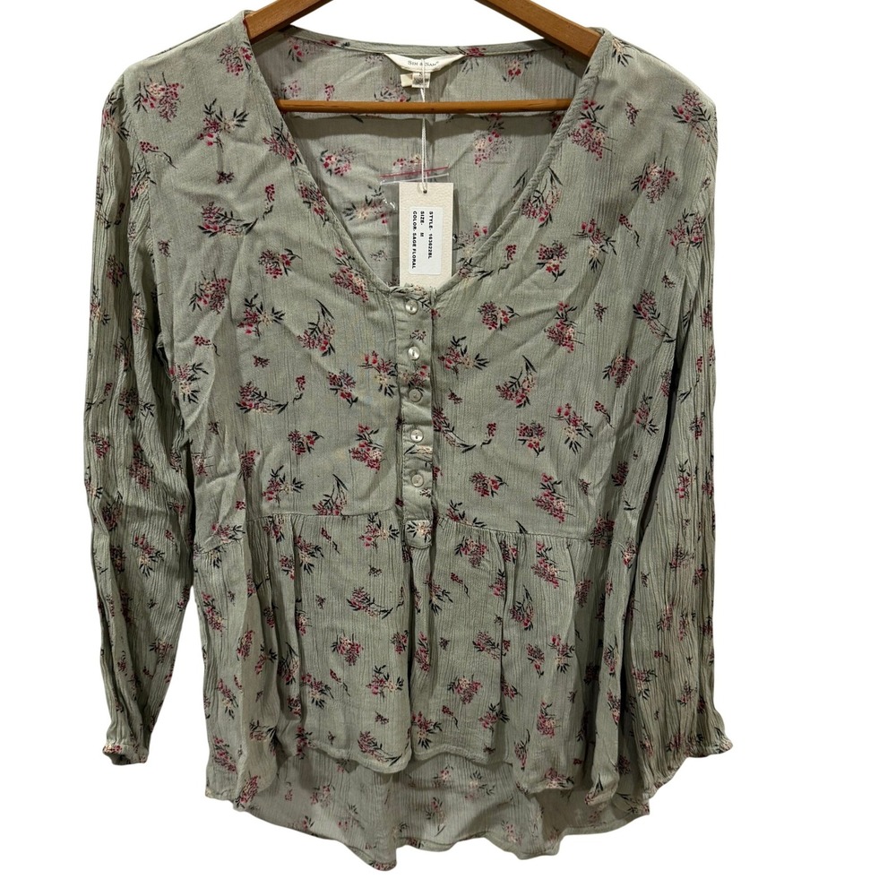 Sim & Sam Women‎ Sage Floral Rayon Henley Peplum Blouse 163622BL New